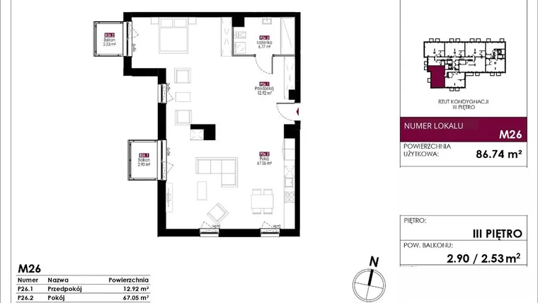 Rzut - Mieszkanie na sprzedaż 4 pokoje o powierzchni 86,74 m² - numer M26 w Słowackiego 78