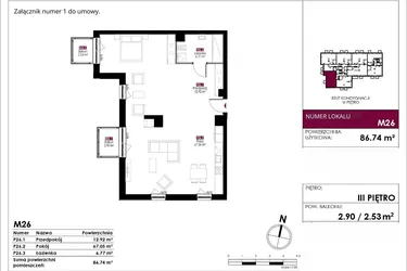 Rzut - Mieszkanie na sprzedaż 4 pokoje o powierzchni 86,74 m² - numer M26 w Słowackiego 78