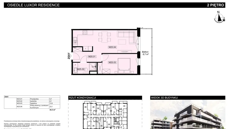 Rzut - Mieszkanie na sprzedaż 2 pokoje o powierzchni 45,5 m² - numer A1.25 w Luxor Residence