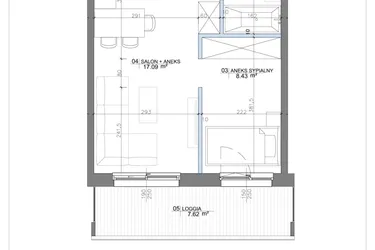 Rzut - Mieszkanie na sprzedaż 2 pokoje o powierzchni 33,58 m² - numer 1.03 w Apartamenty Potulickiego
