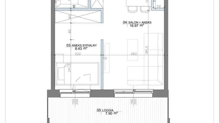Rzut - Mieszkanie na sprzedaż 2 pokoje o powierzchni 33,46 m² - numer 1.07 w Apartamenty Potulickiego
