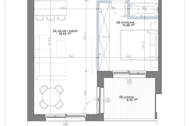 Rzut - Mieszkanie na sprzedaż 2 pokoje o powierzchni 46,75 m² - numer 2.08 w Apartamenty Potulickiego