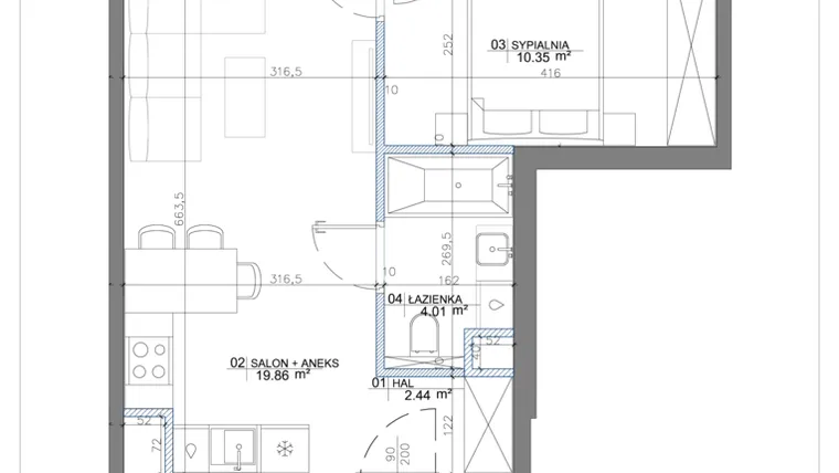 Rzut - Mieszkanie na sprzedaż 2 pokoje o powierzchni 37,43 m² - numer 2.11 w Apartamenty Potulickiego