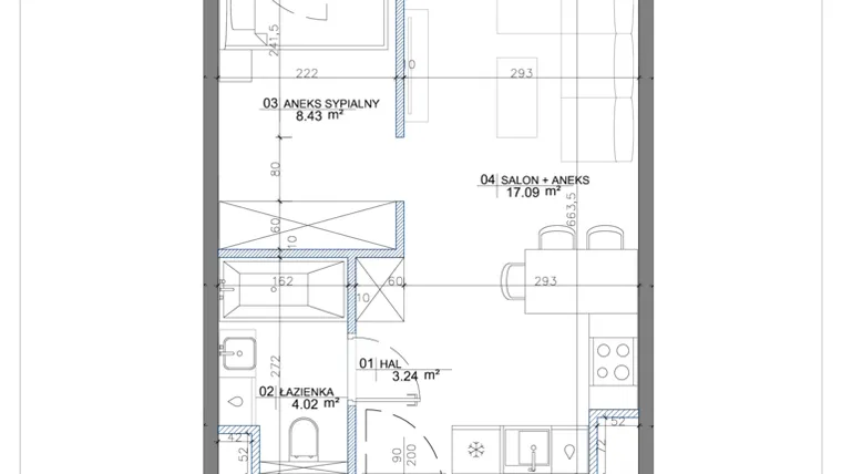 Rzut - Mieszkanie na sprzedaż 2 pokoje o powierzchni 37,43 m² - numer 2.10 w Apartamenty Potulickiego
