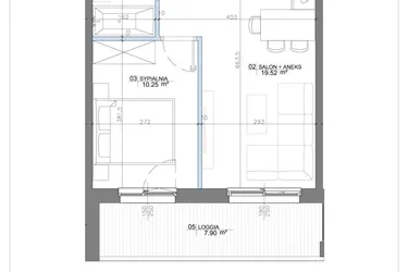 Rzut - Mieszkanie na sprzedaż 2 pokoje o powierzchni 36,88 m² - numer 3.04 w Apartamenty Potulickiego