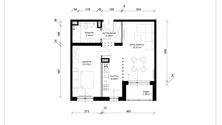 Rzut - Mieszkanie na sprzedaż 1 pokój o powierzchni 47,75 m² - numer E.2.15.2k w Art.Teo etap 3