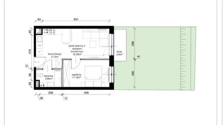 Rzut - Mieszkanie na sprzedaż 2 pokoje o powierzchni 36,38 m² - numer F.0.06.2a w Art.Teo etap 3