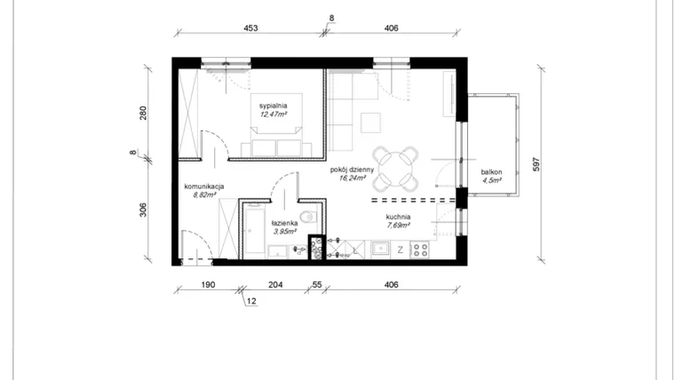 Rzut - Mieszkanie na sprzedaż 2 pokoje o powierzchni 49,17 m² - numer F.2.20.2k w Art.Teo etap 3