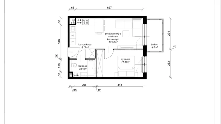 Rzut - Mieszkanie na sprzedaż 2 pokoje o powierzchni 37,34 m² - numer F.2.23.2a w Art.Teo etap 3