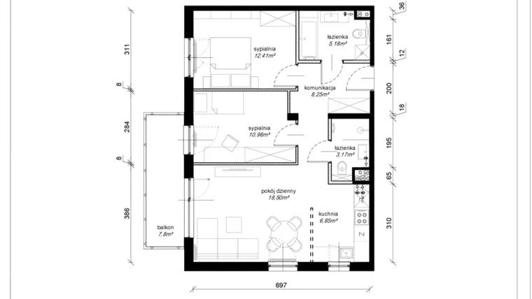 Rzut - Mieszkanie na sprzedaż 3 pokoje o powierzchni 65,32 m² - numer F.3.34.3k w Art.Teo etap 3