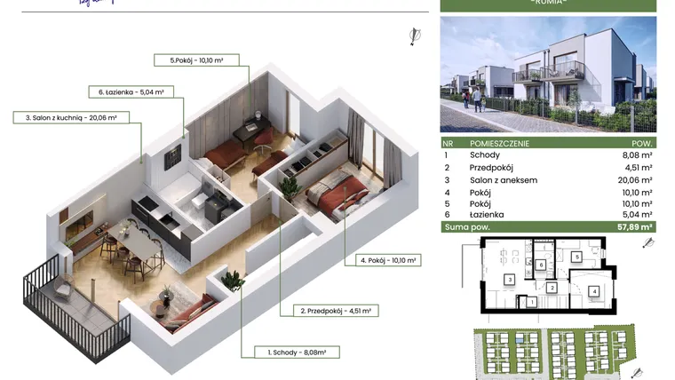 Rzut - Mieszkanie na sprzedaż 3 pokoje o powierzchni 57,89 m² - numer 14A w Rumia Osiedle Zielone Zacisze