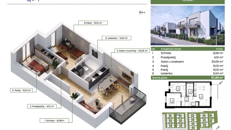 Rzut - Mieszkanie na sprzedaż 3 pokoje o powierzchni 57,89 m² - numer 13A w Rumia Osiedle Zielone Zacisze