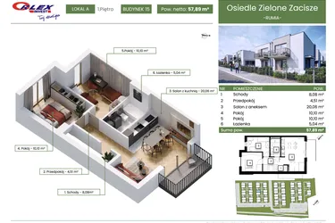 Rzut - Mieszkanie na sprzedaż 3 pokoje o powierzchni 57,89 m² - numer 15A w Rumia Osiedle Zielone Zacisze