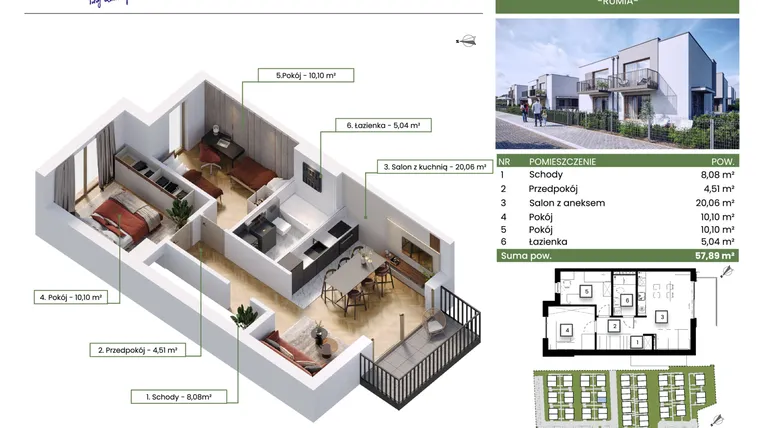 Rzut - Mieszkanie na sprzedaż 3 pokoje o powierzchni 57,89 m² - numer 21A w Rumia Osiedle Zielone Zacisze