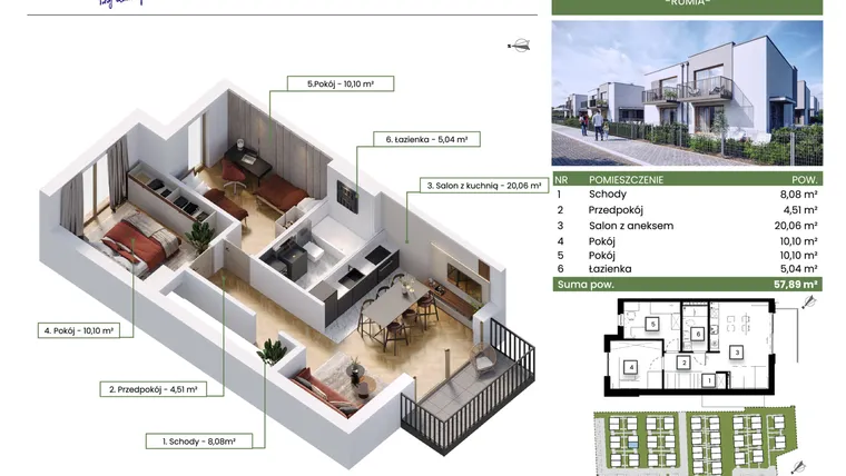 Rzut - Mieszkanie na sprzedaż 3 pokoje o powierzchni 57,89 m² - numer 9A w Rumia Osiedle Zielone Zacisze
