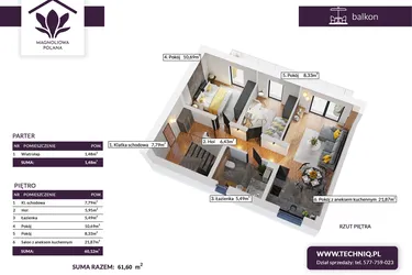 Rzut - Mieszkanie na sprzedaż 3 pokoje o powierzchni 61,6 m² - numer 32B w Magnoliowa Polana 2