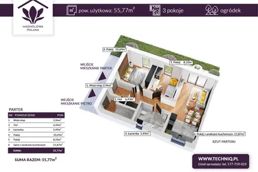 Rzut - Mieszkanie na sprzedaż 3 pokoje o powierzchni 55,77 m² - numer 31A w Magnoliowa Polana 2