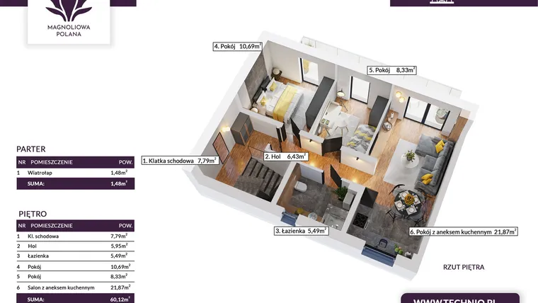Rzut - Mieszkanie na sprzedaż 3 pokoje o powierzchni 61,6 m² - numer 34B w Magnoliowa Polana 2