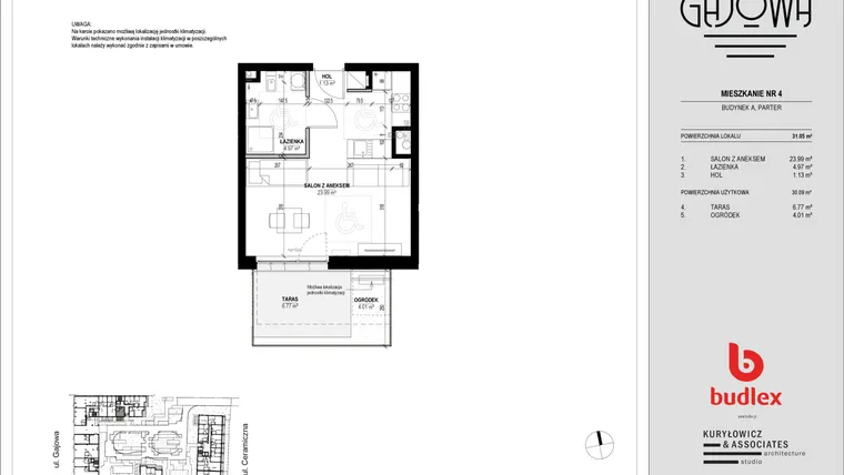 Rzut - Mieszkanie na sprzedaż 1 pokój o powierzchni 30,44 m² - numer 4 w Gajowa bud. A