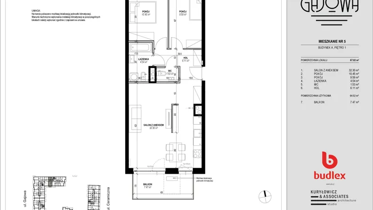 Rzut - Mieszkanie na sprzedaż 3 pokoje o powierzchni 65,14 m² - numer 5 w Gajowa bud. A
