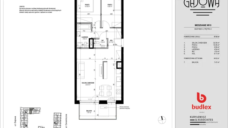 Rzut - Mieszkanie na sprzedaż 3 pokoje o powierzchni 66,22 m² - numer 9 w Gajowa bud. A