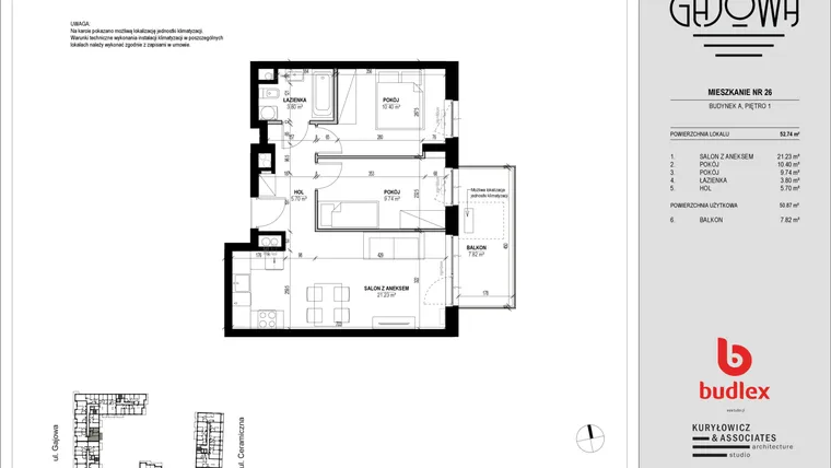 Rzut - Mieszkanie na sprzedaż 3 pokoje o powierzchni 51,55 m² - numer 26 w Gajowa bud. A