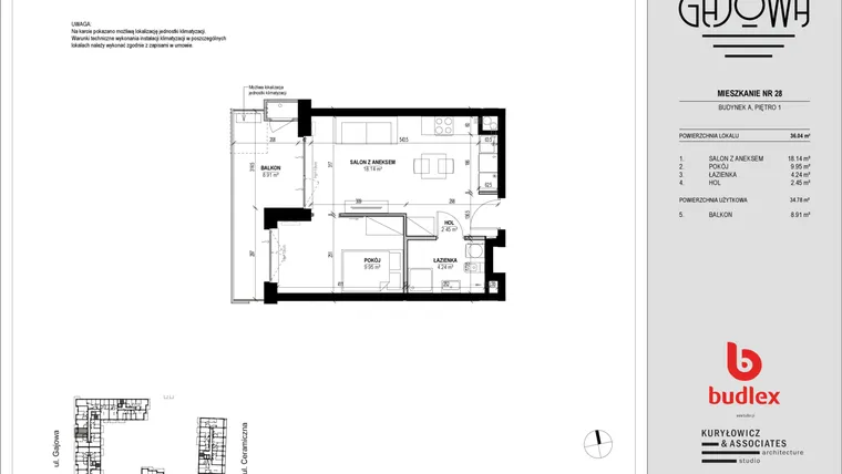 Rzut - Mieszkanie na sprzedaż 2 pokoje o powierzchni 35,28 m² - numer 28 w Gajowa bud. A