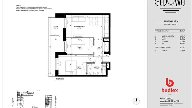 Rzut - Mieszkanie na sprzedaż 3 pokoje o powierzchni 51,6 m² - numer 30 w Gajowa bud. A