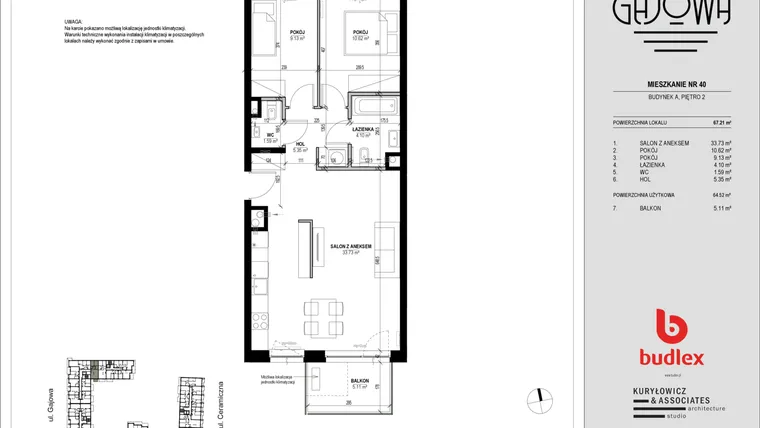 Rzut - Mieszkanie na sprzedaż 3 pokoje o powierzchni 65,5 m² - numer 40 w Gajowa bud. A