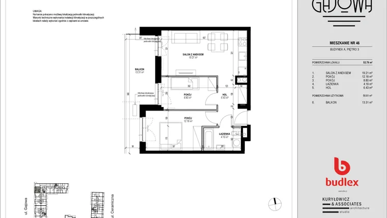 Rzut - Mieszkanie na sprzedaż 3 pokoje o powierzchni 52 m² - numer 46 w Gajowa bud. A