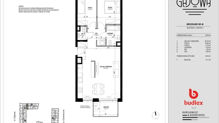 Rzut - Mieszkanie na sprzedaż 3 pokoje o powierzchni 65,5 m² - numer 48 w Gajowa bud. A