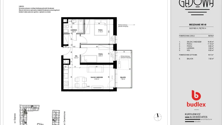 Rzut - Mieszkanie na sprzedaż 3 pokoje o powierzchni 50,29 m² - numer 49 w Gajowa bud. A