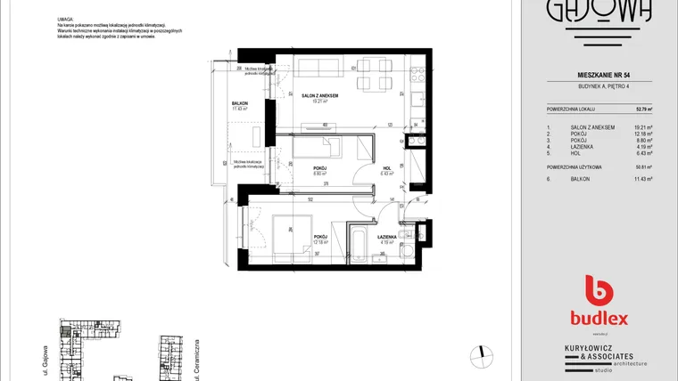 Rzut - Mieszkanie na sprzedaż 3 pokoje o powierzchni 52 m² - numer 54 w Gajowa bud. A