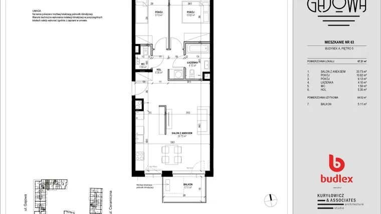 Rzut - Mieszkanie na sprzedaż 3 pokoje o powierzchni 65,5 m² - numer 63 w Gajowa bud. A