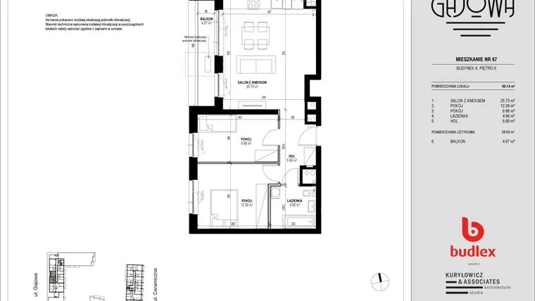 Rzut - Mieszkanie na sprzedaż 3 pokoje o powierzchni 59,97 m² - numer 67 w Gajowa bud. A