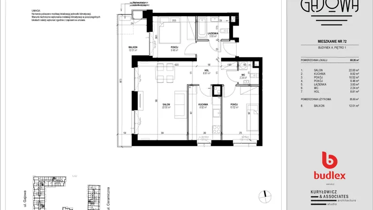 Rzut - Mieszkanie na sprzedaż 3 pokoje o powierzchni 67 m² - numer 72 w Gajowa bud. A