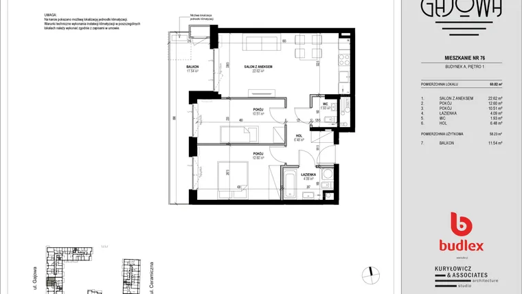 Rzut - Mieszkanie na sprzedaż 3 pokoje o powierzchni 58,16 m² - numer 76 w Gajowa bud. A