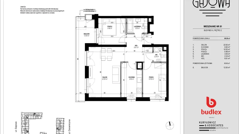 Rzut - Mieszkanie na sprzedaż 3 pokoje o powierzchni 67,88 m² - numer 81 w Gajowa bud. A