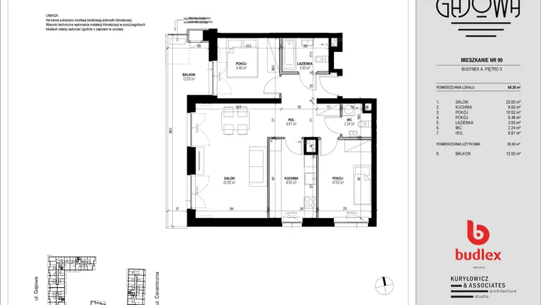 Rzut - Mieszkanie na sprzedaż 3 pokoje o powierzchni 67,88 m² - numer 90 w Gajowa bud. A