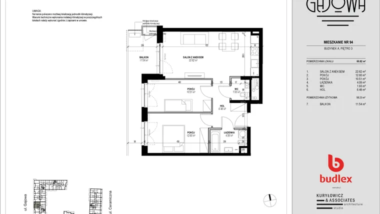Rzut - Mieszkanie na sprzedaż 3 pokoje o powierzchni 59,37 m² - numer 94 w Gajowa bud. A
