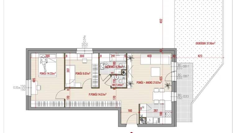 Rzut - Mieszkanie na sprzedaż 3 pokoje o powierzchni 65,31 m² - numer 3 w Zalesie
