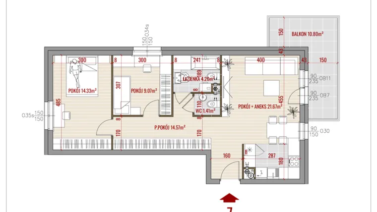 Rzut - Mieszkanie na sprzedaż 3 pokoje o powierzchni 65,31 m² - numer 7 w Zalesie
