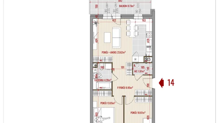 Rzut - Mieszkanie na sprzedaż 3 pokoje o powierzchni 63,85 m² - numer 14 w Zalesie