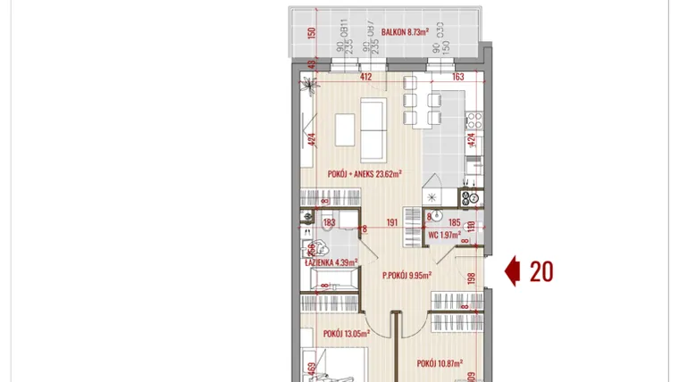 Rzut - Mieszkanie na sprzedaż 3 pokoje o powierzchni 63,85 m² - numer 20 w Zalesie