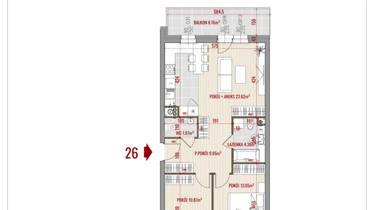 Rzut - Mieszkanie na sprzedaż 3 pokoje o powierzchni 63,85 m² - numer 26 w Zalesie