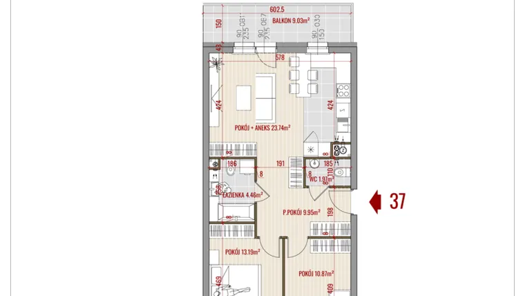 Rzut - Mieszkanie na sprzedaż 3 pokoje o powierzchni 64,18 m² - numer 37 w Zalesie
