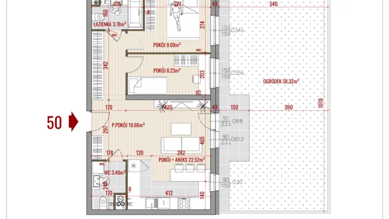 Rzut - Mieszkanie na sprzedaż 3 pokoje o powierzchni 58,37 m² - numer 50 w Zalesie
