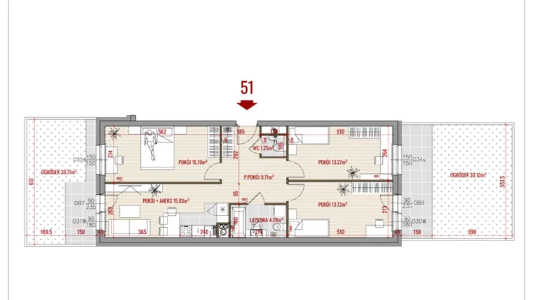 Rzut - Mieszkanie na sprzedaż 4 pokoje o powierzchni 72,45 m² - numer 51 w Zalesie