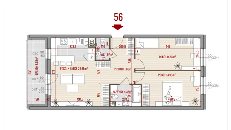 Rzut - Mieszkanie na sprzedaż 3 pokoje o powierzchni 68,9 m² - numer 56 w Zalesie