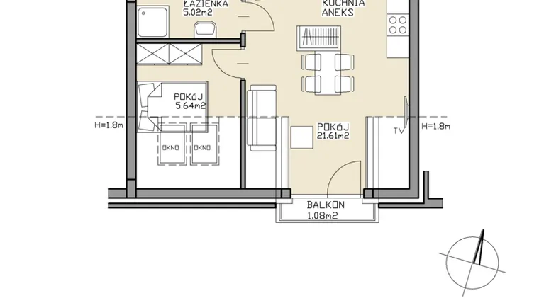 Rzut - Mieszkanie na sprzedaż 2 pokoje o powierzchni 32,27 m² - numer 26 w Apartamenty Zdrój